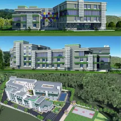 This 3D rendering of Venkateshwar World School in Pune shows our initial design concept. The plan included a modern facade with grey stone, white GRC jalis, and green tiles, all set within a lush, green campus with integrated sports facilities.