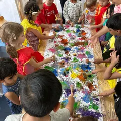 This collaborative art project during our Holi celebration shows the beauty of teamwork. The children worked together on a long canvas, dabbing and mixing colors to create a vibrant masterpiece, learning that creating together is just as fun as creating alone.