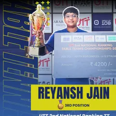 Bronze glory for our table tennis athlete Reyansh Jain at the UTT 2nd National Ranking TT Championship. His dedication and discipline have earned him national recognition, and we are incredibly proud.