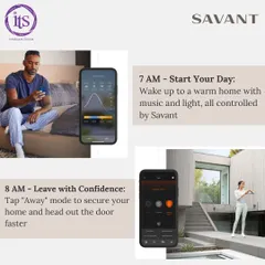 A visual breakdown of a smart day: a "Start Your Day" scene at 7 AM with music and light, and an "Away" mode at 8 AM to secure your home with one tap.
