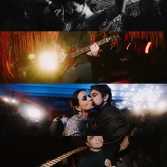 A collage capturing the rock-and-roll vibe of a Sangeet night. From live guitar performances to the couple dancing with their guests, these shots showcase a night of high-energy celebration.