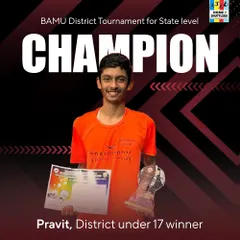 Pravit, our district under-17 winner, proudly displays his trophy from the BAMU District Tournament. Our program for older teens focuses on advanced tactics and physical conditioning for state-level competition.
