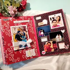 A page designed to make your memories pop. It includes a photo frame with a ribbon tie and a shaker element, adding an interactive and fun touch to your love story.