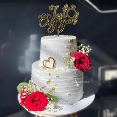 A classic two-tier engagement cake decorated with fresh red roses, baby's breath, and delicate gold leaf. The textured frosting adds a modern touch to this timeless design.
