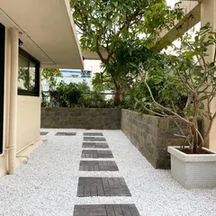 This angle highlights the core elements of the terrace design before the plants reached full growth. You can see the stone-clad planter walls, the frangipani tree, and the wooden tile pathway, which form the structural backbone of this green space.