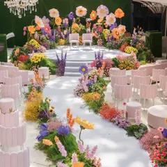 A surreal botanical garden wedding ceremony, where a path of oversized, handcrafted paper flowers in a riot of colors leads to the mandap. This whimsical design transforms the venue into an immersive, artistic floral wonderland.