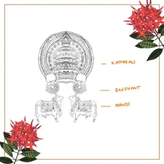 A look at the custom illustrated motifs we designed for the Kerala-Karnataka fusion wedding. This sketch shows the line art for the Kathakali headgear, Nandi, and elephant, which were central to the invitation's design.