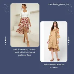 This image displays two stylish summer outfits. On the left, a pink lace wrap-around skirt with a pullover top, and on the right, a bell-sleeved kurti worn as a dress, showing versatile ways to stay cool.