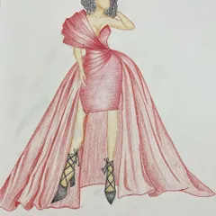 An illustration of a dramatic red gown with an overskirt. Sketching allows us to experiment with bold silhouettes and complex structures before moving to the practical stage.