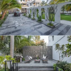 This collage highlights key features of the "Tropical Manor," including the patterned driveway defined by an arched wall and the cozy patio with a slate water wall.