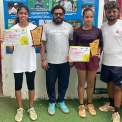 A series of photos celebrating Manvi Gupta's hat-trick of U16 and U18 titles, showcasing her consistent dominance at All India level tournaments.