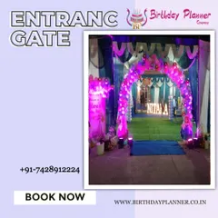 We create personalized entrances that can feature your company's name or the event's title in large, illuminated marquee letters. This entrance gate combines a balloon arch with custom lighting and a branded focal point.