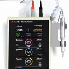 The control panel of the Mamba device shows the level of precision I can achieve. I can adjust the oscillation, vibration, and rotation percentages to perfectly match the patient's skin and hair type, minimizing trauma to the follicles.