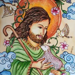 The finished Kerala mural style painting of Jesus as the Good Shepherd. This style is characterized by its warm colors, bold outlines, and stylized natural elements like the clouds, flowers, and birds.