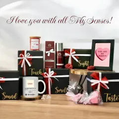 Express your love with this unique "I love you with all My Senses" hamper. It includes five individually boxed gifts, each corresponding to a sense: sight, sound, smell, taste, and touch.