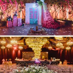A collage capturing the dual moods of a Sangeet night. A dramatic floral peacock greets guests outside, while inside, a massive flower tornado chandelier hangs over a glamorous black and gold setup.