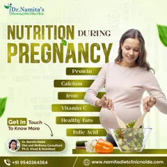During pregnancy, your body needs a variety of key nutrients. This visual highlights the importance of protein for growth, calcium for bones, iron for blood, and folic acid for development. I help you incorporate these into your daily meals.