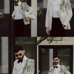 A collage showing different angles of a unique white tuxedo jacket. The shoulders are adorned with intricate silver and gold beaded embroidery that resembles architectural lines, perfect for a modern wedding.
