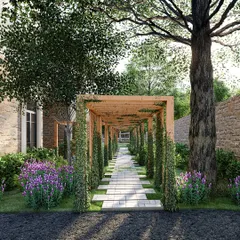 A rectangular wooden pergola, wrapped in cascading flowers and lush foliage, creates a structured yet fairytale-like garden entrance. It is a doorway that is perfectly balanced and naturally enchanting.