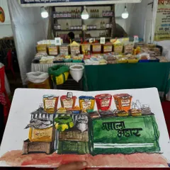 A watercolor and pencil color sketch of a 'Masala Bhandar' or spice shop from a local market. I was drawn to the vibrant colors of the spice containers and the organized chaos of the stall.