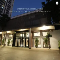 The Promenade at night, our elegant outdoor space. This area allows you to extend your celebrations under the stars, perfect for a cocktail hour or an open-air lounge, with the gentle Mumbai sea breeze as your companion.