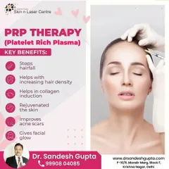This graphic outlines the key benefits of PRP therapy. It not only stops hair fall and increases hair density but also offers benefits for the skin, such as collagen induction and improving acne scars.