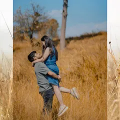 A playful lift during their outdoor pre-wedding shoot. This photo is full of joy and natural interaction, capturing the fun side of their relationship against a beautiful, sunlit natural backdrop.