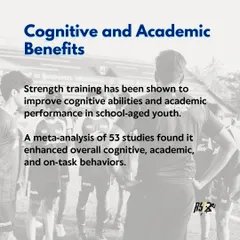 The benefits of our youth programs extend beyond the field. This visual highlights research showing that strength training improves cognitive abilities, academic performance, and on-task behaviors in school-aged children.