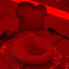 A surreal, red-lit shot of the playful butter and bread at the birthday dinner. The dramatic lighting was part of the overall mood we designed for the party.