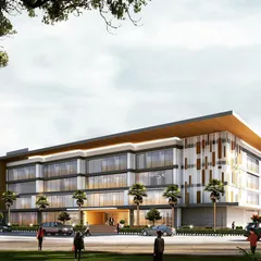 An architectural visualization for a new commercial project. The design features a sleek glass curtain wall, modern cladding, and a distinctive angled roof, creating a contemporary and professional appearance for retail and office use.