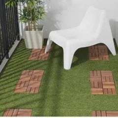 A creative flooring solution for a small balcony, where we've combined artificial grass with inset WPC deck tiles. This design adds visual interest and defines different functional zones in a compact area.