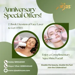 To celebrate our anniversary, we're offering a special deal. Book one Face Laser session and get a second one free, plus enjoy a complimentary Aqua Shine Facial.