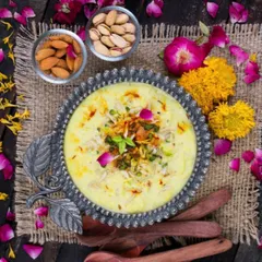Nothing says Diwali like a bowl of rich, creamy Kheer. This classic Indian dessert, garnished with pistachios and almonds, is a sweet ending to a festive meal, made with love in our home kitchens.