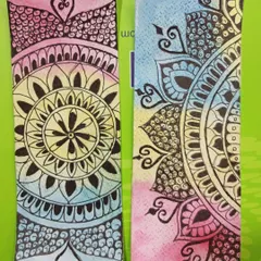 We also make beautiful and useful things like these Mandala bookmarks. They are created with watercolor backgrounds and detailed ink work, making them a perfect small project.