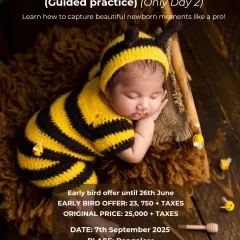 A promotional graphic for Day 2 of the Newborn Photography Workshop, including early bird pricing and dates.
