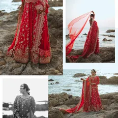 A collage showcasing a Muslim bride in her stunning red lehenga against a rocky seashore. The mix of wide shots and close-ups captures both the grandeur of the location and the beauty of her attire.