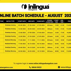 Check out our August 2024 online batch schedule. We offer a range of courses like German A1, French A1, and Spanish A1, with specific batches for kids and flexible timings to accommodate your learning needs.