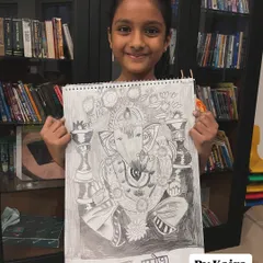 This incredibly detailed pencil sketch of Lord Ganesha by Kaira shows the amazing artistic skill our students develop. We focus on techniques like shading and proportion to create powerful drawings.