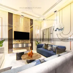 This living room design uses a combination of wood-paneled walls, reflective surfaces, and elegant furniture. The layout is designed to feel open and luxurious, perfect for modern living.