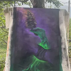 Another shot of the pine cone canvas, hanging in the open air. I like to let the environment influence the art, even when it's on a canvas.
