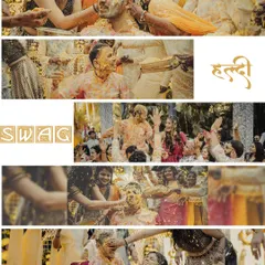 A high-energy collage from a Haldi ceremony, filled with candid moments of guests applying haldi to the groom. The "SWAG" and "Haldi" text overlays add a fun, modern touch.
