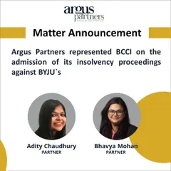 In a high-profile matter, we successfully represented the Board of Control for Cricket in India (BCCI) in initiating insolvency proceedings against Byju's parent company. This graphic highlights our team's role in navigating this complex case before the National Company Law Tribunal in Bengaluru, demonstrating our capability in handling significant corporate insolvency resolution processes.