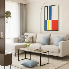 A little bit of splash makes pastel-themed rooms pop. This living room uses a neutral palette with soft blue cushions and a vibrant Mondrian-inspired artwork to create a balanced and cheerful space.