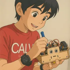 An illustration showing the pure focus of a young boy adding the final touches to his robot. This artwork perfectly captures the passion and concentration we see in our students every day.