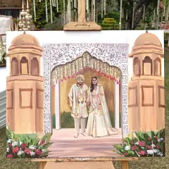 A live painting from a beautiful wedding at the Heritage Village Resort in Manesar. The goal was to capture the couple within the stunning architectural elements of their venue.