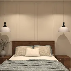 This bedroom render features a serene design with a wooden headboard against a paneled wall, flanked by hanging pendant lights. The use of neutral tones and soft lighting creates a calming and balanced environment.