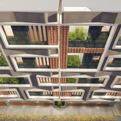 A top-down view of 'The Concrete Veil' render, revealing the geometric complexity of the facade and the layout of private green spaces within the apartment units.