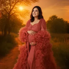 A full-length portrait of a mom-to-be in a dramatic ruffled gown, glowing in the warm light of a sunset-themed outdoor shoot.