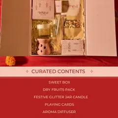 The contents of the modern version of my "Home Celebration Box". This one includes a festive glitter jar candle and an aroma diffuser for a contemporary touch.