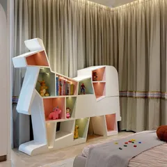 This custom-designed horse-shaped bookshelf demonstrates our ability to create whimsical yet functional furniture for children's rooms. It serves as both a playful centerpiece and a practical storage solution, reflecting our bespoke approach to personalizing every space.